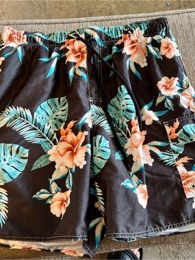 croft & barrow Black Floral Men’s Swim Board Shorts with Coral and Teal Print